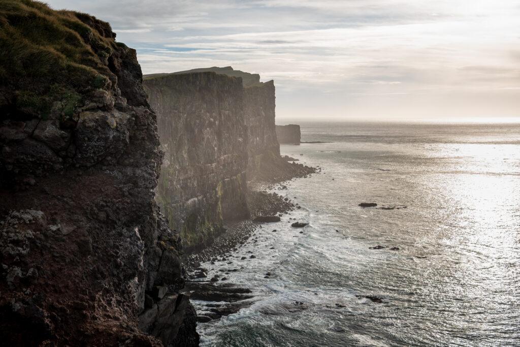 Sea cliffs along the Látrabjarg coastline in the Westfjords, Iceland — dramatic rock faces dropping into the North Atlantic, Europe's largest seabird colony