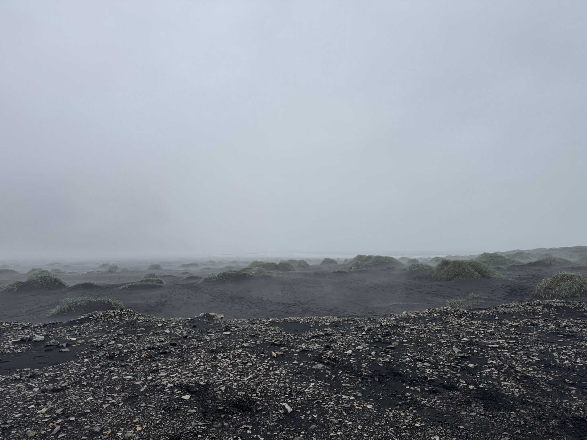 Black sand beach at Stokksnes, Iceland, in heavy fog with Vestrahorn mountain completely obscured — showing the weather risk every photographer faces at this location