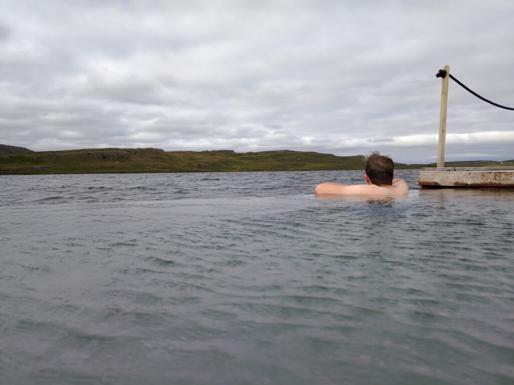 A person relaxing in a natural geothermal pool in Iceland, viewed from behind, looking out across a calm fjord toward green hills — travel companion photographed without showing their face